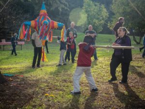 Kid trying to hit a pinata on a adoption party