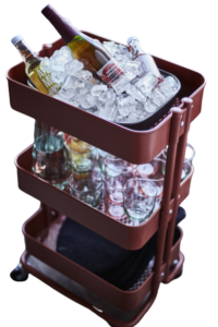 Ice, glass and beer bottles in an IKEA raskog cart