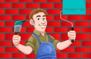 Cartoon of a man holding a paint roller and a brush before a brick design red wall. 