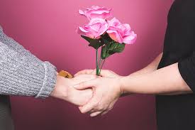 Husband giving pink roses to his wife