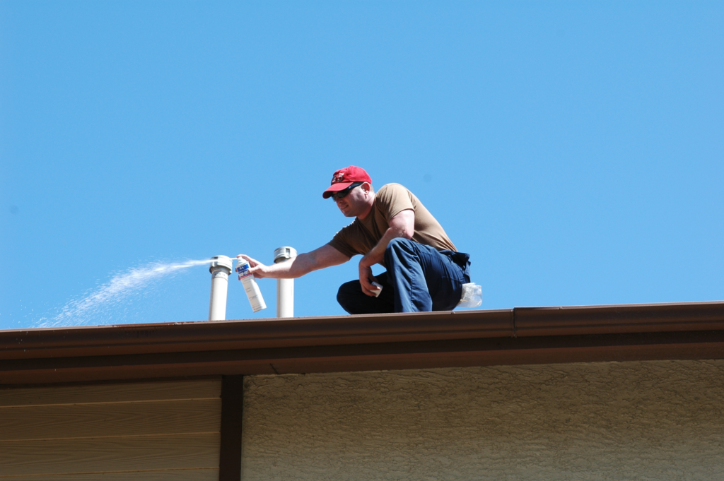 Man spraying a pest control chemical on the edges of roof