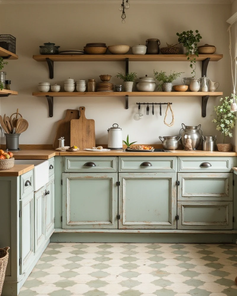 White and Baby Green Rustic Tiles